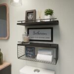 WOPITUES Floating Shelves with Bathroom Wall Décor Sign, Farmhouse Wood Bathroom Wall Shelves Over Toilet with Paper Storage Basket Set of 3, Rustic Floating Shelf with Guardrail–Black