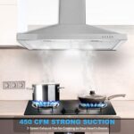 Tieasy Wall Mount Range Hood 30 inch with Ducted/Ductless Convertible Duct, Stainless Steel Chimney-Style Over Stove Vent Hood with LED Light, 3 Speed Exhaust Fan, 450 CFM