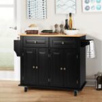 TUSY Kitchen Island with Storage, Rolling Kitchen Cart with Lockable Wheels, Solid Wood Tabletop Kitchen Island Table for Kitchen, Living Room, Black