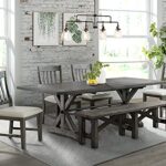 Sunset Trading Gray Trestle 6 Piece Dining Set with Bench | 96″ Rectangular Extendable Table | 4 Upholstered Side Chairs | Distressed Wood | Seats 8, | 3 Size Expandable,Grey