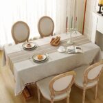 Laolitou Rustic Tablecloth Cotton Linen Waterproof Tablecloths Burlap Table Cloths for Kitchen Dining Cloth Table Cloth for Rectangle Tables Coffee Lines Rectangle,55”x70”,4-6 Seats