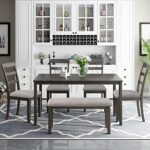 GLORHOME Piece Kitchen Dining Set for 6, Farmhouse Style Rectangular Wood Table and 4 Chairs 1 Bench with PU Cushion for Family, Gray+Gray