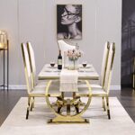 ACEDÉCOR 7 Piece Dining Table Set, Gold Kitchen and Dining Room Sets for 6, Metal Circling Base Dining Table in White Gold, White Leather Upholstered Dining Chairs with Gold Stainless Steel Legs