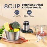 GANIZA Food Processors, Electric Food Chopper with Meat Grinder & Vegetable Chopper – 2 Bowls (8 Cup+8 Cup) with Powerful 450W Copper Motor – Includes 2 Sets of Bi-Level Blades for Baby Food/Meat/Nuts