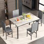 MIERE Dining Table Set for 4, 5-Piece Marble DiningTableSet with 4 Velvet Metal Frame Chairs for Kitchen, Bar, Living Room, Breakfast Nook, Small Space, 03 Gray