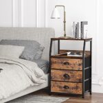 Furnulem Nightstand with 3 Drawers and 2-Tier Shelf, Fabric Small Dresser Organizer Vertical Storage Tower for Bedroom, Closet, Hallway, Nursery, End Table Side Furniture, Sturdy Steel Frame, Wood Top
