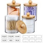 4 Pack Qtip Holder Dispenser with Bamboo Lids – 10 oz Clear Plastic Apothecary Jar Containers for Vanity Makeup Organizer Storage – Bathroom Accessories Set for Cotton Swab, Ball, Pads, Floss