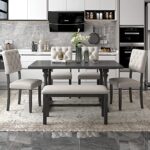 6 Piece Dining Table Set for 6, Wood Kitchen Table and Chairs Set for 6, Rectangular Table with Special-Shaped Legs, 4 Upholstered Chairs and Bench for Dining Room, Gray and Beige