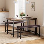 Alkmaar Kitchen Table Set with 2 Benches, Dining Table Set for 4 with Upholstered Benches, Dining Room Table Set Metal and Wood Rectangular Dining Table for Small Space, Apartment, Retro Brown