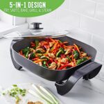 GreenLife Healthy Ceramic Nonstick, 12″ 5QT Square Electric Skillet with Glass Lid, Dishwasher Safe, Adjustable Temperature Control, PFAS-Free, Black