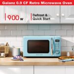 Galanz GLCMKZ09BER09 Retro Countertop Microwave Oven with Auto Cook & Reheat, Defrost, Quick Start Functions, Easy Clean with Glass Turntable, Pull Handle, 0.9 cu ft, Blue