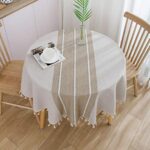 ColorBird Farmhouse Tablecloth Heavy Weight Stitching Tassel Cotton Linen Dust-Proof Table Cloth for Kitchen Dinning Tabletop Decoration (Round, 60 Inch, Linen)