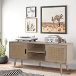 Anmytek Farmhouse Rattan TV Stand Modern Wood Media Entertainment Center Console Table for TVs up to 55 Inches with 2 Doors and 2 Open Shelves, Natural Oak, H0015