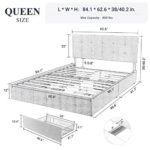 Allewie Upholstered Queen Size Platform Bed Frame with 4 Storage Drawers and Headboard, Square Stitched Button Tufted Mattress Foundation with Wooden Slats Support, No Box Spring Needed, Light Grey