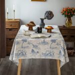 GLORY SEASON Rustic Tablecloth Classic French Village Printed Linen Fabric Table Cover Farmhouse Decoration 52×70 Inches Rectangle/Oblong Blue for Kitchen Dining