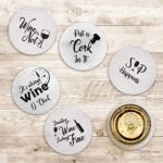 Coasters for Drinks Absorbents with Holder – 6 Pcs Gift Set with 6 Funny Sayings for Wine Lovers – Ceramic Stone with Corked Back, Unique Present for Housewarming, Living Room Decor