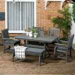 Outsunny 6 Pieces Patio Dining Set, 6 Seater Outdoor Table and Chairs, Conversation Furniture, Armrests, Loveseat Bench, Dinner Table with Umbrella Hole, Cushions, Dark Gray