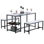 wuleen Dining Table Set for 4, Kitchen Table and Chairs Set with 2 Benches, Small Kitchen Table Set with Wine Rack and Glass Holder, Dinette Space Saving Kitchen Table for Breakfast Nook