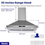 VESTA Milan 30 Inches 800CFM Stainless Steel European Style Wall Mount Range Hood With LED Lights Touch Screen Round Front Edges