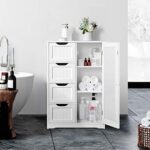 Yaheetech Wooden Floor Cabinet, Side Storage Organizer with 4 Drawers and 1 Cupboard, Freestanding Entryway Storage Unit Console Table, Bathroom Furniture Home Decor, White