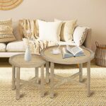 Anmytek Set of 2 Round Nesting Coffee Tables with Natural Rattan, Mid Century Wood End Table Rustic Accent Side Table for Living Room T0012