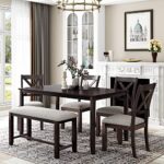 GODAFA 6 Pcs Kitchen Dining Set for 6people,Farmhouse Style Rectangular Wood Table and 4 Chairs 1 Bench with Padded Cushion, Espresso