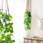 Mkono 2 Packs Fake Hanging Plant with Pot, Artificial Plants for Home Decor Indoor Macrame Plant Hanger with Fake Vines Faux Hanging Planter Greenery for Bedroom Bathroom Office Decor, Brown (Pothos)