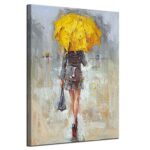 Abstract Canvas Print A Rainy Walk Painting Girl with Yellow Umbrella Wall Art Modern Artwork for Office Home Deco