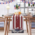 Bayson 4th of July Table Runner, Independence Day Floral Red and White Stripes Decoration Table Runners for Kitchen Table Family Dinners Holiday Parties Events Decor (13×72 inch)