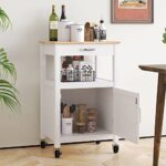 Rolling Kitchen Island Cart with Storage, Farmhouse Kitchen Cart on Wheels, Kitchen Cabinet with Barn Door and Drawer for Dining Room, Wood Top & Side Hooks, 36” H, White