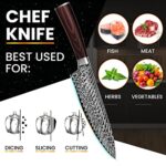 Chef Knife, Japanese Pro 8 Inch Kitchen Knife, High Carbon Stainless Steel with Damascus Pattern, Ergonomic Acacia Wood Knife Handle, Super Sharp Chef’s Knives with Gift Box