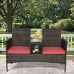 BPTD Outdoor Patio Loveseat Patio Furniture Set Rattan Patio Bistro Set Wicker Conversation Furniture Sets with Cushios and Built-in Coffee Table for Balcony, Lawn, Backyard (Brown/Red)