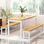 AWQM Dining Room Table Set, Kitchen Table Set with 2 Benches, Ideal for Home, Kitchen and Dining Room, Breakfast Table of 43.3×23.6×28.5 inches, Benches of 38.5×11.8×17.5 inches, Beige
