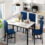 Hooseng Dining Table Set for 4- Space Saving Kitchen Table and Chairs for 4, Modern Style Faux Marble Tabletop & 4 Blue Velvet Chairs, Perfect for Dining Room, Kitchen, Breakfast Corner Small Spaces