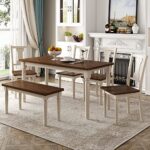 Harper & Bright Designs Classic 6 Piece Kitchen Dining Table Set, Wooden Rectangular Table with 4 Chairs and 1 Bench for Kitchen Dining Room, Home Furniture (Brown+Cottage White)