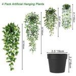 JPSOR Fake Hanging Plants 4 Pack Artificial Fake Potted Greenery Faux Eucalyptus Vine, Mandala Vine, Pothos Ivy for Home Wall Shelf Patio Garden Indoor Outdoor Decor