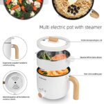 Audecook Electric Hot Pot with Steamer, 1.5L Portable Non-Stick Mini Rapid Ramen Cooker, Travel Multifunctional Electric Skillet with Dual Power Control for Pasta/Soup/Steak/Egg/Oatmeal (White)