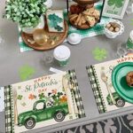 Happy St. Patrick’s Day Placemats Set of 4,12×18 Inch Truck with Shamrock Buffalo Plaid Heat-Resistant Place Mats,Green Irish Table Decors for Seasonal Farmhouse Kitchen Dining Holiday Party