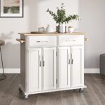 BELLEZE Rolling Kitchen Island Cart on Wheels with Storage Cabinet, Mobile Kitchen Cart Island Table with 2 Drawers Towel Racks Rubber Wood Top Coffee Bar for Dinning Room, 41.7”Lx18.5”Wx37”H, White