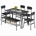 Gizoon Dining Table Set for 6, 6-Piece Kitchen Table and Chairs, 46” Dining Room Table Set with Bench, Storage Rack for Small Space, Home, Apartment, Black
