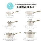 Martha Stewart Lockton Premium Nonstick PFA Free Ceramic Interior 10 Piece Heavy Gauge Enamel Aluminum Pots and Pans Cookware Set – Linen White w/Gold Handle