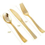 FOCUSLINE 300 Pack Gold Plastic Cutlery Set – 100 Forks, 100 Knives, 100 Spoons – Disposable Flatware Heavy Duty Plastic Silverware Set for Catering, Parties, Dinners, Weddings