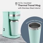Elite Gourmet EHC113M Personal Single-Serve Compact Coffee Maker Brewer Includes 14Oz. Stainless Steel Interior Thermal Travel Mug, Compatible with Coffee Grounds, Reusable Filter, Mint