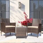 Greesum 3 Pieces Patio Furniture PE Rattan Wicker Chair Conversation Set, Brown and Beige, 26.6×12.1×19.3 inches