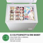 Chest Freezer 3.5 Cu. Ft Deep Mini Freezer, with Free-Standing Top Door, Removable Basket, and 7 Thermostat Settings – Ideal for Garage, Basement, Dorm, or Apartment Kitchen Storage Needs, White