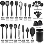Silicone Cooking Utensils Set, 28PCS Kitchen Utensils Set with Holder, AIKWI Heat-Resistant & Non-stick Silicone Spatula, Tongs,Spoon for Cooking, BPA Free Kitchen Tools Gift (Black)