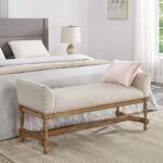 Ball & Cast Mid-Century Upholstered Bench Vintage Flared Arms Bench Ottoman Farmhouse Bedroom Seating, Linen