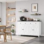 FOTOSOK Sideboard Buffet Cabinet with Storage, 55″ Large Kitchen Storage Cabinet with 2 Drawers and 4 Doors, Wood Coffee Bar Cabinet Buffet Table for Kitchen Dining Room, White and Black