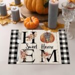 Fall Placemats Set of 4,12×18 Inch Home Sweet Home Buffalo Plaid with Pumpkin Heat-Resistant Place Mats,Seasonal Autumn Table Decors for Farmhouse Kitchen Dining Thanksgiving Holiday Party