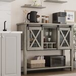 IDEALHOUSE Buffet Storage Cabinet Farmhouse Wine Cabinet Coffee Bar Table with Wine Glass Rack and Storage, Wood Buffets and Sideboards with Barn Mesh Door for Kitchen, Dining, Living Room